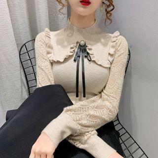 Long-sleeve Lace Panel Mock-neck Frill Trim Knit Top
