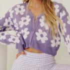 V-neck Flower Printed Loose Fit Cardigan Purple - Free Size