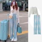 Tie-front Lace Light Jacket / Wave Print Wide Leg Pants