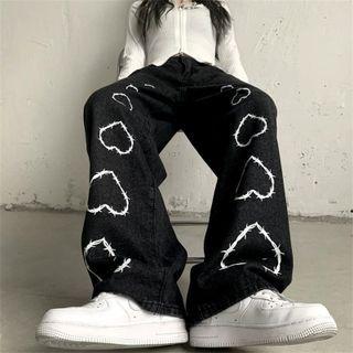 High Waist Heart Pattern Wide Leg Jeans