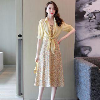 Set: Spaghetti Strap Floral Midi A-line Dress + Short-sleeve Crop Shirt