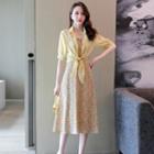 Set: Spaghetti Strap Floral Midi A-line Dress + Short-sleeve Crop Shirt