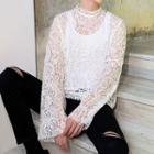 Mock-turtleneck Bell-sleeve Lace Top