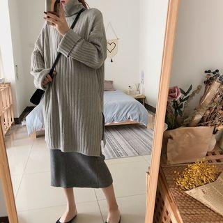 Turtleneck Long-sleeve Long Sweater Gray - Sweater - One Size