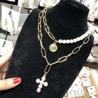 Faux Pearl Coin Pendant Layered Necklace As Shown In Figure - One Size