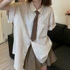 Elbow-sleeve Striped Shirt Stripe - White - One Size