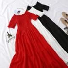 Short-sleeve Crinkled A-line Maxi Dress