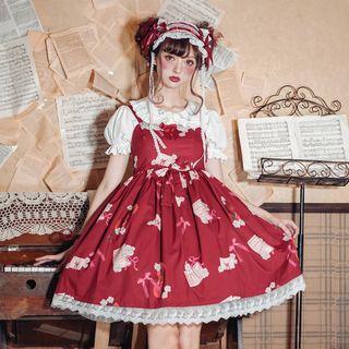 Printed Spaghetti-strap Lace Trim A-line Dress