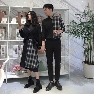 Couple Matching Plaid Panel Shirt / Plaid Panel A-line Skirt