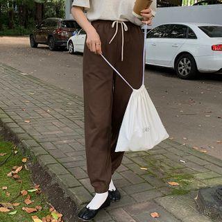 High-waist Drawstring Plain Gathered Cuff Pants