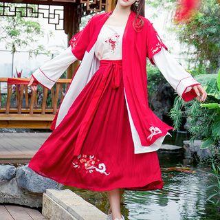 Hanfu Set: Short-sleeve Jacket + Long-sleeve Top + Spaghetti Strap Top + Midi Skirt