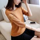 Butterfly Embroidered Elbow-sleeve Knit Top
