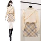 Ruffle Trim Long-sleeve Knit Top / Plaid Mini A-line Skirt / Set