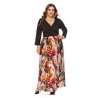 Plus Size Long Sleeve V Neck Mock Two Piece Print A-line Dress