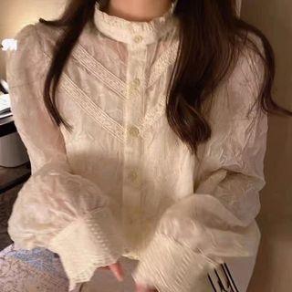 Mock-neck Button-up Blouse / Camisole Top / Set