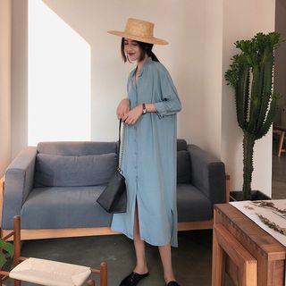 Plain Slit-side Midi Shirtdress Ash Blue - One Size