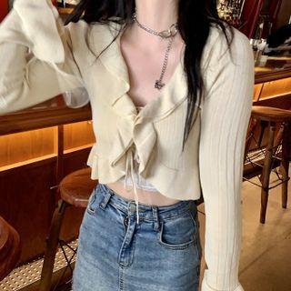 Ruffle Trim Tied Cropped Cardigan