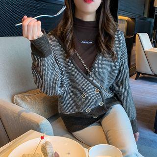 Double-breasted Houndstooth Knit Cardigan