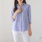 3/4-sleeve Contrast-trim Stripe Shirt