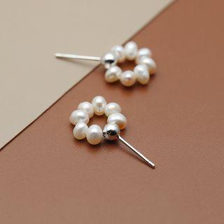 Freshwater Pearl Hoop Earring 1 Pair - White + Silver - One Size