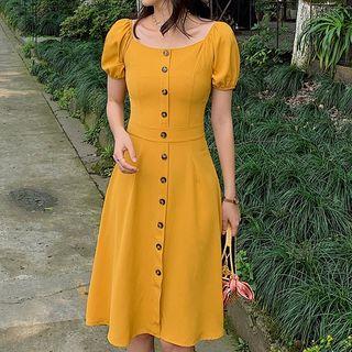 Square Collar Single-breasted Short-sleeve Midi Dress