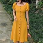 Square Collar Single-breasted Short-sleeve Midi Dress