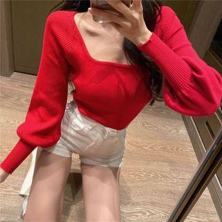 Bishop-sleeve Square-neck Knit Top