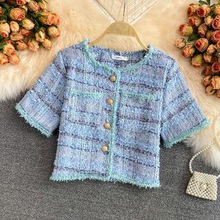 Contrast-trim Tweed Short-sleeve Crop Top