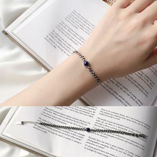 925 Sterling Silver Gemstone Bracelet S041 - Dark Blue Bean - Silver - One Size