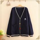 Cat & Fish Embroidered Cable-knit Cardigan
