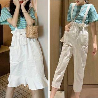 Short-sleeve Striped T-shirt / Midi Suspender Skirt / Jumper Pants