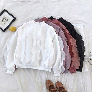 Plain Ruffled-trim Panel Crewneck Long-sleeve Sweatshirt