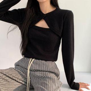 Long-sleeve Plain Cut-out Knit Top