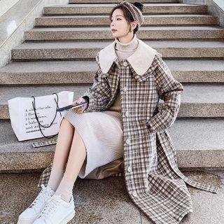 Contrast Collar Plaid Coat