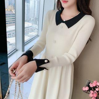 Contrast Collar Knit Midi A-line Dress