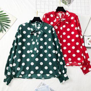 Ribbon-neckline Polka-dot Blouse