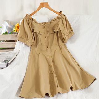 Short-sleeve Off-shoulder Frill Trim A-line Dress