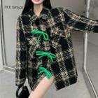 Bow Plaid Shirt Jacket Plaid - Black - One Size