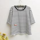 Elbow-sleeve Striped Embroidered T-shirt