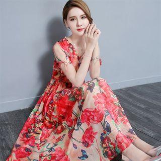 Cutout-sleeve Floral Chiffon Dress