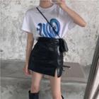 Short-sleeve Print T-shirt / Faux Leather Mini Pencil Skirt
