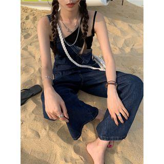 Straight Leg Denim Jumper Pants Dark Blue - One Size