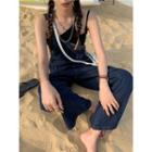 Straight Leg Denim Jumper Pants Dark Blue - One Size