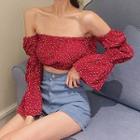 Off Shoulder Long-sleeve Crop Top Dotted - Red - One Size