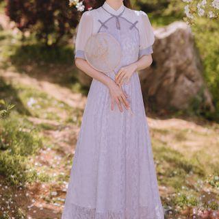 Elbow-sleeve Frog-button Maxi A-line Dress