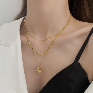 Butterfly Pendant Layered Stainless Steel Necklace Necklace - Butterfly - Gold - One Size