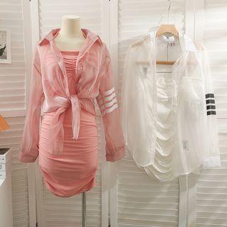 Ruched Mini Halter Dress / Striped Sheer Light Shirt