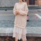 Mock Two-piece Mesh Panel Midi Pullover Dress Pink - One Size