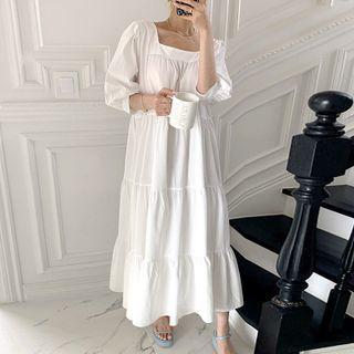 Puff-sleeve Square-neck Loose-fit Dress White - One Size