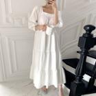 Puff-sleeve Square-neck Loose-fit Dress White - One Size